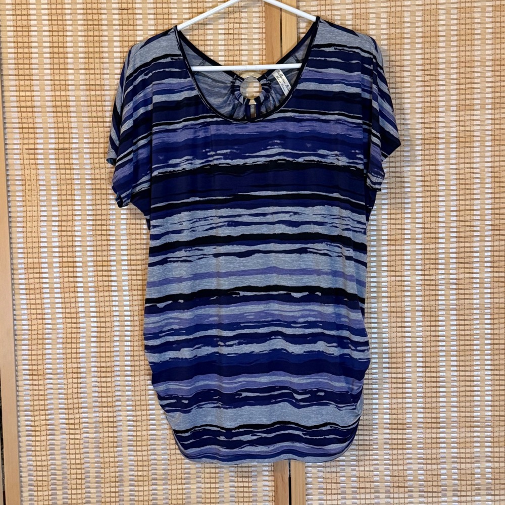 PerSeption Women‎ Purple Striped Ring Detail Short Sleeve Tunic Top 1X Lagenlook